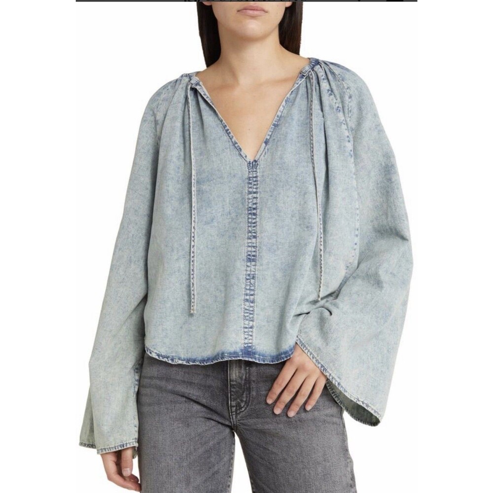 FRAME Denim Blouse Med Blue Wide Sleeve Gathered V-Neck Long Sleeve Cowgirl Boho